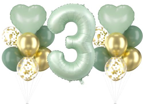 Cadimus Grün Luftballon 3.Geburtstag,40 Zoll Olivgrün Folienballon 3,Grüne Zahlenballons,Geburtstagsdeko 3 Jahr Jungen und Mädchen,Herz Folienballon,3 Jahr Ballon