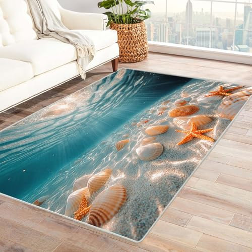 AMXBZC Wohnzimmerteppich mit Soft-Touch-Kurzflor Ocean Beach Muscheln In & Outdoor Teppich Küchenteppich Terrassenteppich Muster Boho Moderne Deko(blau)-60x90cm