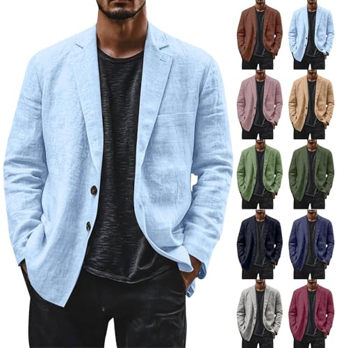 Blazer en lin pour homme - Veste de costume de loisirs légère à deux boutons - Coupe ample - Blazer de bureau - Couleur unie - Polyvalente - Veste de costume à revers cranté - Vestes avec poche