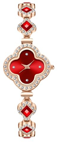 RORIOS Damenuhr Quarzuhr mit Diamantarmband Vierblättriges Kleeblatt Wasserfeste Uhr im Classic Für Damen Geeignet Rot