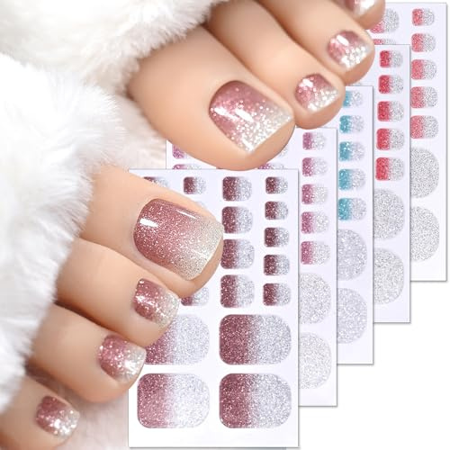 5 Blätter/110 Stück Farbverlauf Glitzer Zehennagel Aufkleber 3D Glänzend Gel Nagelfolie Für Fußnägel Sticker Full Wraps Gel Toenail Stickers Bunt Nagelsticker Selbstklebend Zehen Design Nail Art