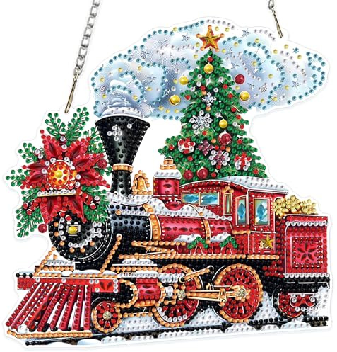 MOGTAA Weihnachten Diamond Painting Anhänger, Weihnachten Zug Diamond Painting mit Kette Kinder Erwachsene, Diamant Painting Fensterbilder Beidseitig, Hängende Ornament Bastelset Set für Wand Decor