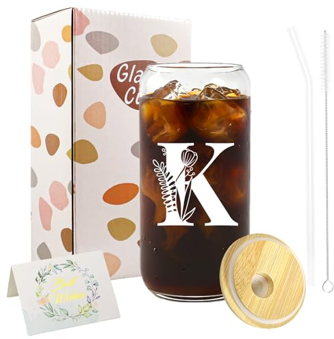 A-Z Initial Personalised Gifts for Women, Birthday Coffee Glass Cups Gifts Set, 16oz Iced Coffee Glass Cup with Lids and Straws, Iced Coffees Cup for Women, Mum, Teachers, Friends, Best Friend (K)