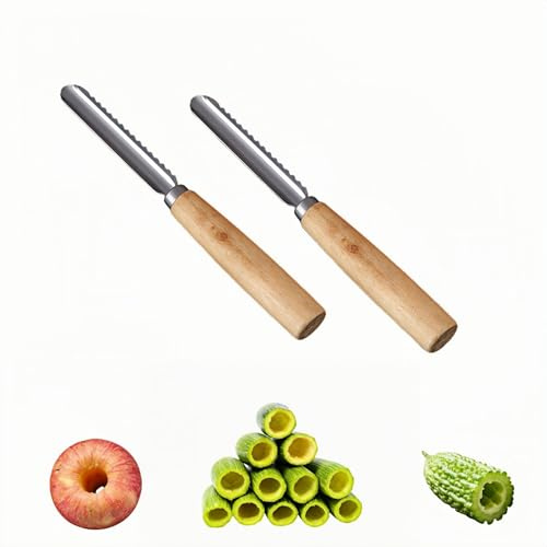 2-Pack Vegetable Corer Tool - 8 Stainless Steel Fruit & Veggie Corer for Zucchini, Apples, Eggplant - Hollow Out for Stuffing with Wood Handle - Kitchen Coring Tool