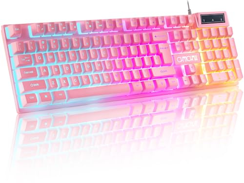 Clavier rose crème avec rétroéclairage LED, 104 touches pleine taille, anti-ghosting, touches de fonction multimédia, 3 couleurs lumineuses, clavier de jeu filaire USB pour PC, ordinateur, ordinateur