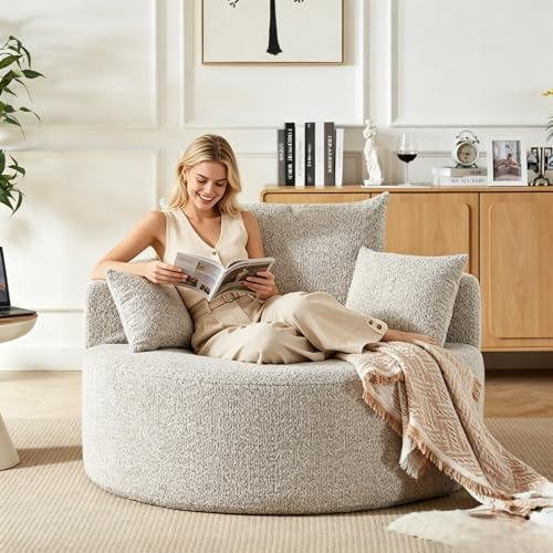 Yihomfy 127cm XXL Sessel Einzelsessel Fassstuhl, üBergroßEr Runder Sofastuhl, Sessel Rund, Polstersessel Einzelsessel, Chenille-Polsterung,Freizeitstuhl FüR Wohnzimmer, Beige