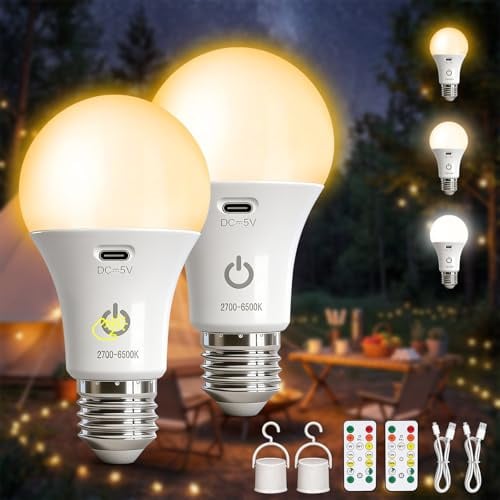 Kambo E27 Ampoule LED Rechargeable avec Batterie et Télécommande, 2 Pièce | Lampe 7W à Minuterie, 3 Températures de Couleur pour Camping Sauvage, Activités