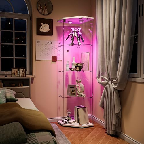 FOERPL Vitrina De Cristal LED Para Colección Con 1 Puerta, Armario Esquina De 4 Capas Con Cerradura, Mueble Transparente Para Salón, Bar, Dormitorio - Blanco