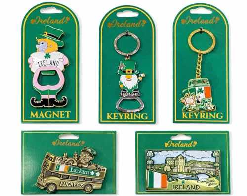 Ireland Souvenir 5 Pack Set – Keyrings and Fridge Magnets with Leprechaun Designs Bottle Opener Styles Irish Theme Collectables (2)