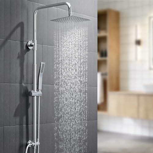 Auralum Edelstahl Regendusche ohne Armatur,Regenduschkopf 20x20CM,Duschsystem mit Höhenverstellbar Duschstange,Edelstahl Handbrause,Messing-Umschaltventil,Duschset Chrom für vorhandene Bohrlöcher