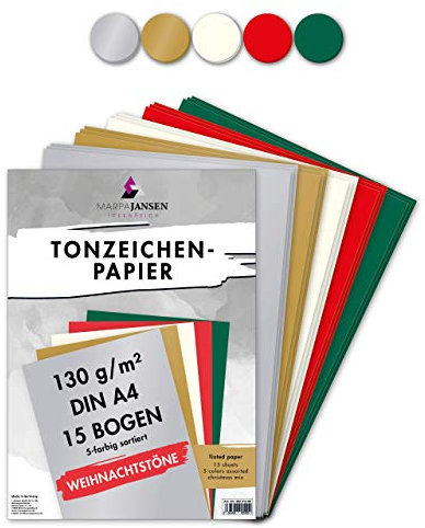 MarpaJansen Tonzeichenpapier 5 Weihnachtsfarben, DIN A4, 15 Bogen, 130 g/m²