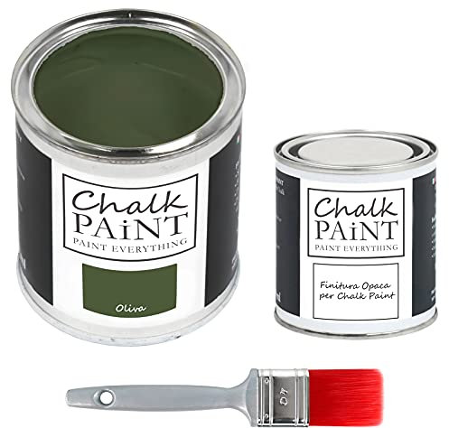 CHALK PAINT EVERYTHING Oliva & FINITURA + PENNELLO - Kit Pronto Vernicia e Proteggi (750 ml Colore + 250 ml Finitura + Pennello Professionale 40 mm)