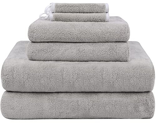 KinHwa Handtuch-Set Premium 100% Mikrofaser 2 Badetücher 76x152cm + 2 Handtücher 40x76cm + 2 Make-up-Entferner Tücher 15x30cm - weich und saugstark 6 Pack Hellgrau