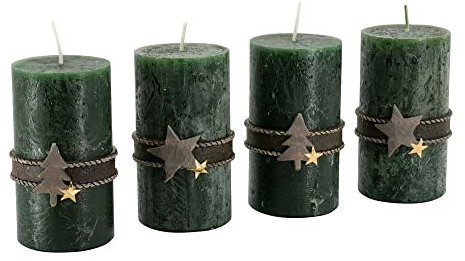 Adventskerzen mit Motiven – 4er Set - Rustikale Oberfläche - Kerzen/Stumpenkerzen für Weihnachtskranz/Adventskranz - Weihnachten (Jägergrün, Höhe 11 cm/Ø 6 cm), Unparfümiert