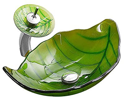 SXLSZ GEH?rtetes Glas Waschbecken, Aufsatzwaschbecken Glas Aufsatz Waschschale Blattform Waschschale Waschtisch Set mit Ablaufwasser Set, Wasserfall Wasserhahn, Montagering, 550×355×160mm,Grün