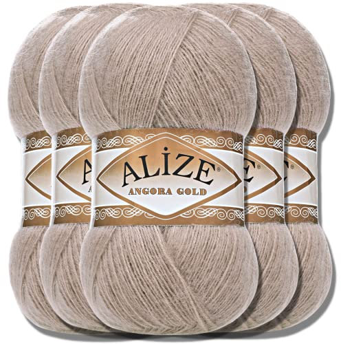 Hobby YARN Alize 5x 100g Angora Gold Türkische Premium Wolle Dünne Mohair aus Schurwolle Babywolle als Strickgarn Handstrickgarn Einfarbig Uni Yarn (Mink | 541)