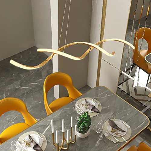 LED Pendelleuchte Esstisch Modern Hängelampe Dimmbar Esszimmerlampe mit Fernbedienung im Wellenförmig Design 100 CM Höhenverstellbar Wohnzimmerlampe für Wohnzimmer Esszimmer Schlafzimmer, Gold