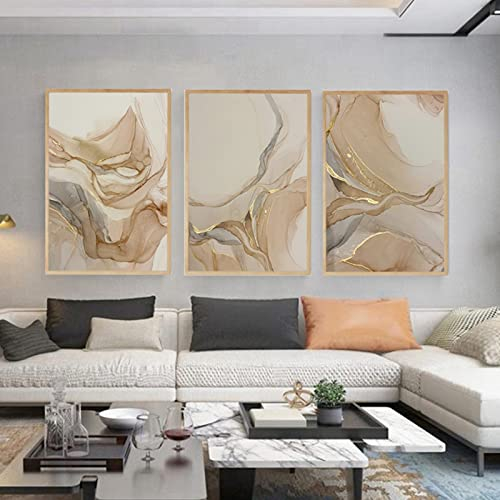 HEHGVCF 3 Stück 50x70 cm Gemälde auf Leinwand Beige Gold Abstrakte Fluid Art Gold Poster Set Schlafzimmer Wand Poster Drucke Wohnzimmer Home Wanddekoration Rahmenlos (Beige Gold,60x90cm)