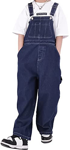 Rolanko Girls Jeans Bib Overalls, Baggy Denim Dungarees Jumpsuit for Big Kids, Dark Blue Pocket, Tag Size:160