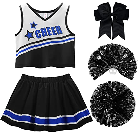 ReliBeauty Cheerleader Kostüm Kinder Kleid mit Pompoms und Kopfschmuck，schwarz,150