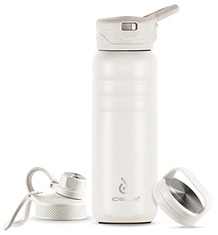 IDEUS Vacuum Insulated Water Bottle, Stainless Steel Double Wall Flask Metal Sports Canteen with Leak-Proof Screw Cap (White, 24oz (710ml))