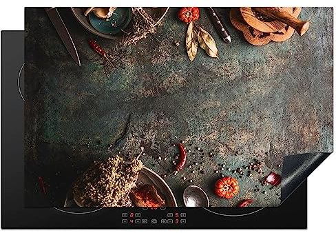KitchenYeah© Herdabdeckplatte Einteilig Ceranfeld Abdeckplatte Küche Deko Ceranfeldabdeckung Herdabdeckung Induktionsmatte Marmor - Gemüse - Herbst - Kürbis - Rustikal - Gewürze - 80x52 cm