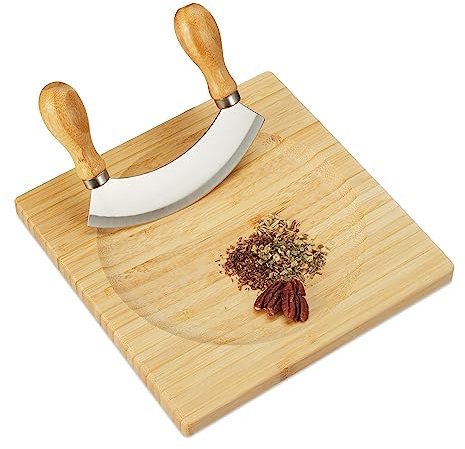 Relaxdays Hachoir Berceuse avec Planche, Bambou & Acier Inoxydable, Couteau pour Herbes, 20 x 20 cm, Nature - argenté