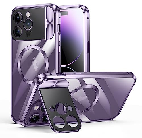 iPhone 13 Pro Case Double Sided Buckle, Compatible with Magsafe Magnetic Adsorption Metal Bumper, with Camera Cover, Full Body Protection Metal Bumper Case (Purple)