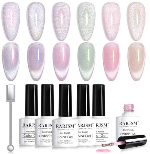 RARJSM Aurora Cat Eye Gel Nail Polish Set 6 Colors Galaxy Velvet Silver Champagne Purple Pink Green Galaxy Star Cloud Ice Jelly Gel Polish with Magnet Stick UV LED Curing Requires Soak Off Home Salon