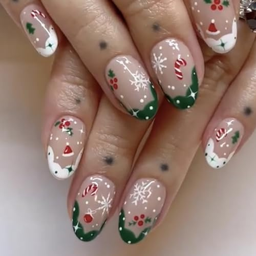 Christmas Press on Nails Short Almond Fake Nails Green White Nail Tips False Nails with Designs Cute Snowflake Bell Xmas Tree Acrylic Nails Full Cover Round Head Stick on Nails for Women and Girls
