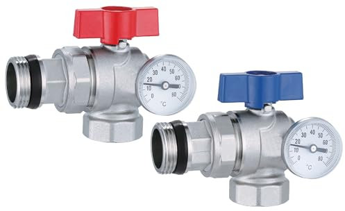 AQUA HEATING Gewinde-Kugelhahn 1 Zoll Winkel mit Thermometer Rot und Blau