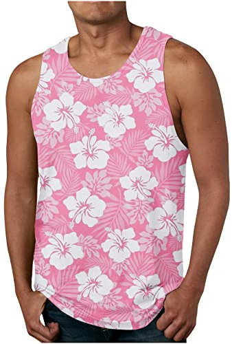 Débardeur hawaïen tropical basique pour le sport, la plage, l'automne, l'été, col rond, pour homme, 2024, W-286 Rose, 3XL