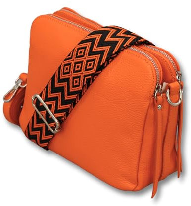 ADEL Umhängetasche Damen Echtes Leder MARA Handgemachte Crossbody Bag 5 Fächer Schultertasche mit Ledergurt + Breitem Gemustertem Riemen Verstellbarer Gurt Made in Italy (Orange)