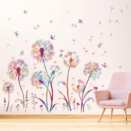 wondever Wandtattoo Pusteblume Bunte Wandaufkleber Löwenzahn Blumen Schmetterling Wandsticker Wanddeko für Kinderzimmer Babyzimmer Mädchen Schlafzimmer