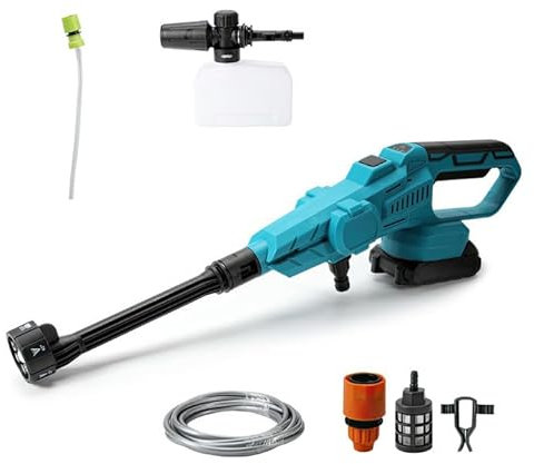Pistola ad alta pressione senza fili per batteria Makita 18 V, max 200 bar, pulitore ad alta pressione portatile con batteria 15000 mAh, ugello 6 in 1, 5 m tubo per auto casa giardino (batteria 15000