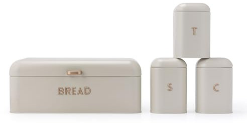 Salter Pebble 4-Piece Countertop Set - Includes Bread Bin, Tea, Sugar, Coffee Canisters, Storage Containers, Brass Effect Lettering, Durable Powder Coated Steel, Easy to Clean, Storage Jars, Stone