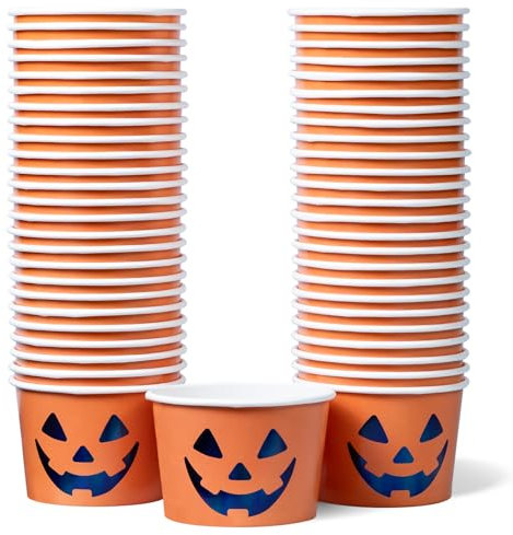 Confettiville Paper Ice Cream Cups, 50-Count 9-Oz Disposable Dessert Bowls for Hot or Cold Food, 9-Ounce Halloween Party Supplies Treat Cups, Jack-O-Lantern, Orange