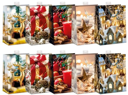 Geschenktaschen Weihnachten 10 Stück | edle Geschenktüten Papier Tragetasche | DIN A4 Geschenkbeutel mit farbiger Kordel und Namenskarte | Weihnachtstüten Large 26x32x12cm | Skorpion Papeterie