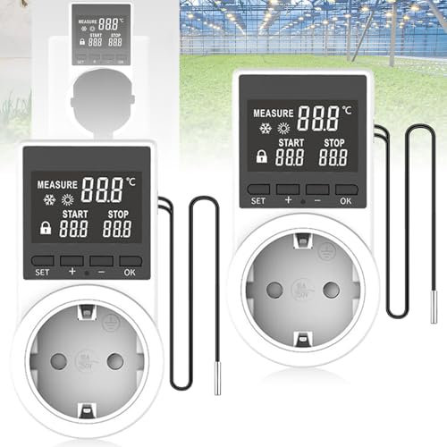Enchufe con regulador de temperatura digital de 250 V con sonda, termostato con pantalla LED, temporizador digital, calefacción, refrigeración, termostato para terrario (2, blanco, M)