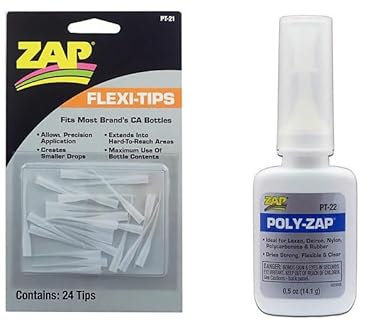 ZAP PT22 Poly Zap CA 1/2oz AND PT21 Flexi-Tips Glue Applicators (24) Suitable for Lexon, Nylon, Rubber - Strong, flexible and Clear