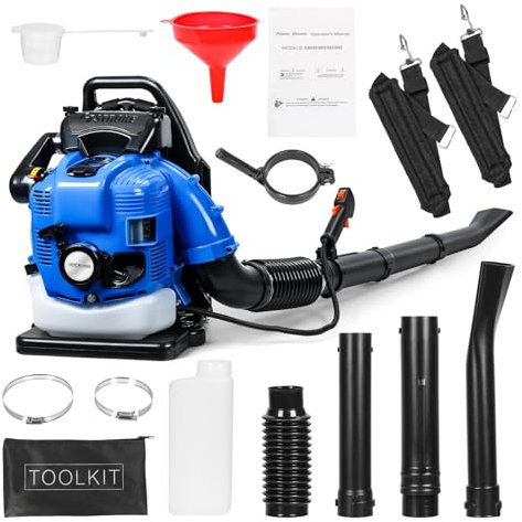 mufsceku Soffiatore a zaino a 4 tempi, 75,6 CC, alimentato a gas, con tubo flessibile da 167 cm e manico antiurto per prato, giardino, cortile, che soffia foglie, detriti e polvere, blu