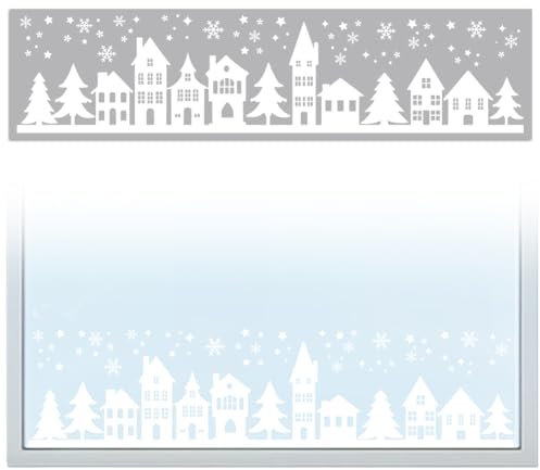 Peacoblue Fensterbilder Selbstklebend 120cm x 30cm, 1 Blatt Haus- und Schneeflockenmuster, dekorativer, abnehmbarer Fensteraufkleber für den Winter, Zuhause, Büro