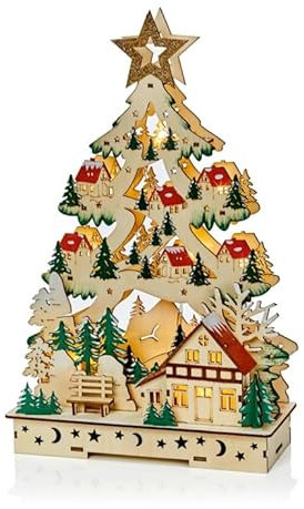 Premier Decoración festiva de madera para árbol de Navidad con luces LED, mesa a pilas, mantel o ventana, decoración del hogar