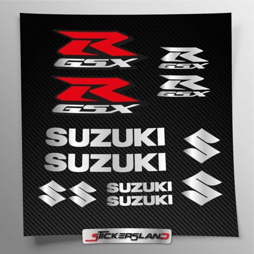 Aufkleber-Set kompatibel mit Tank und Motorradhelm GSX R, Vinyl, einfache Anbringung, Schriftzug Logos, Stickersland® (Silber Metallic, matt)