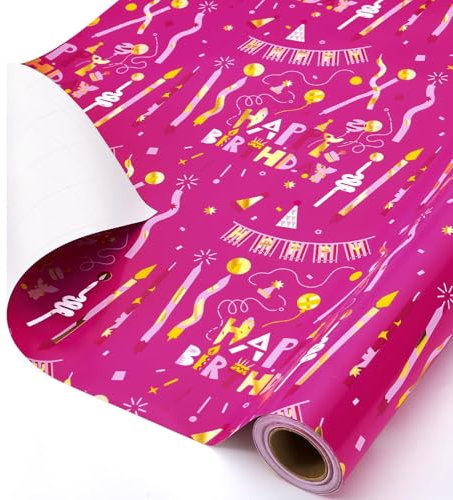 WERNNSAI Happy Birthday Geschenkpapierrolle – 1 Rolle 43 cm x 10 m Wendbares Geburtstagsgeschenkpapier für Mädchen rosa Metallicfolie Schriftzug Geburtstag Aluminisierte Folie Packpapier