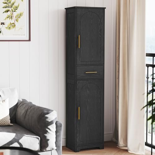 Hzuaneri Armoire de Salle de Bain, Armoire de Rangement avec 1 Tiroirs et 2 Portes, Grand Meuble Étroit, pour Salon, Chambre, Cuisine, Couloir, Noir SC18304X