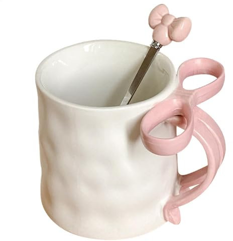 Bow Coffee Mug, 500ml Bow Ribbon Mug, Charming Ribbon Mugs with Bow Handle and Stirring Spoon, Ceramic Pink Christmas Mugs, for Hot Chocolate Coffee Hot Drinks