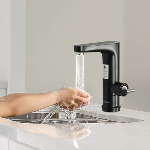 Elektrischer Wasserhahn mit Durchlauferhitzer, 3200W Sofort Warmwasserhahn Edelstahl Armatur mit LED Temperaturanzeige, Elektrische Heizung Wasserhahn für Küche, Bad, Wohnwagen & Camping (Schwarz)