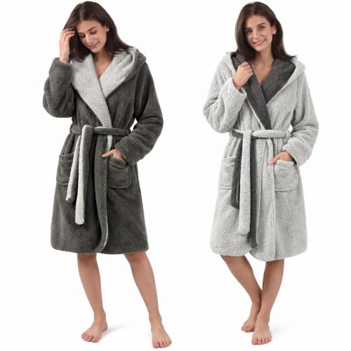 CalmyLIFE Bademantel Damen flauschig Morgenmantel mit Kapuze | mit Wendefunktion, kuschelige Bademäntel, Kuschelbademantel, Mikrofaser, Frauen, kuscheliger, Bathrobe