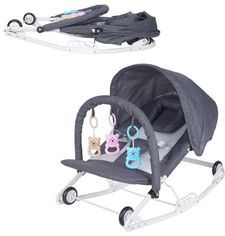 Sinbide Hamaca Mecedora para Bebés 2en1, con Modo Balanceo y Deslizamiento, Plegable, Arco de Juguetes, Arnés de 3 Puntos, Sombrilla Ajustable y Ruedas Silenciosas, desde recién nacidos hasta los 15kg